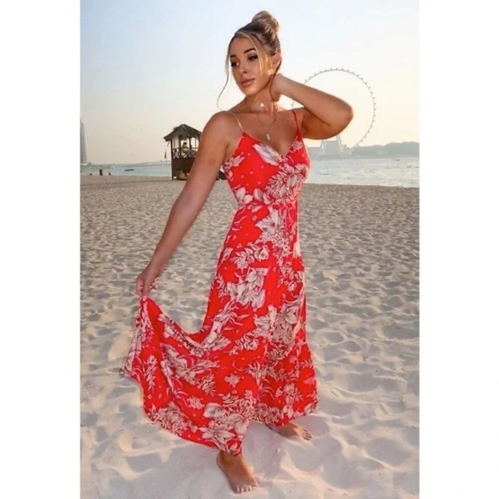 Red Floral Print Sleeveless V-Neck Long Maxi Dress - Picture 6 of 9